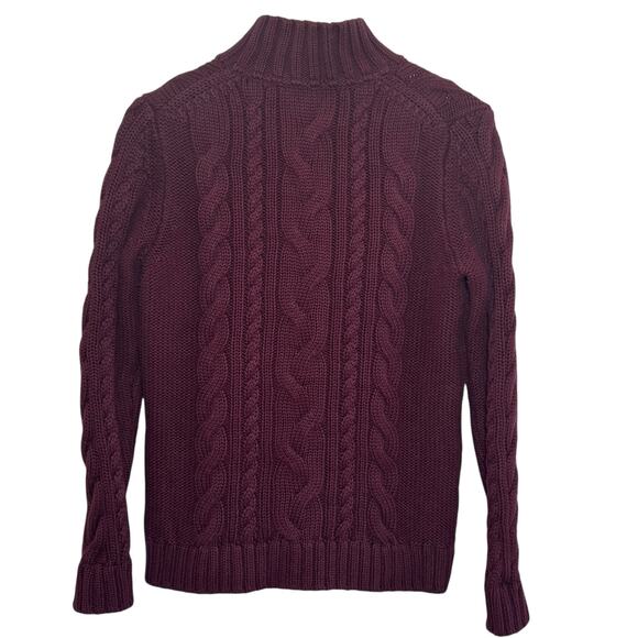 L.L. Bean Women's Medium Maroon Cable Knit High Collar Cotton Zip Up Sweater - Picture 4 of 7